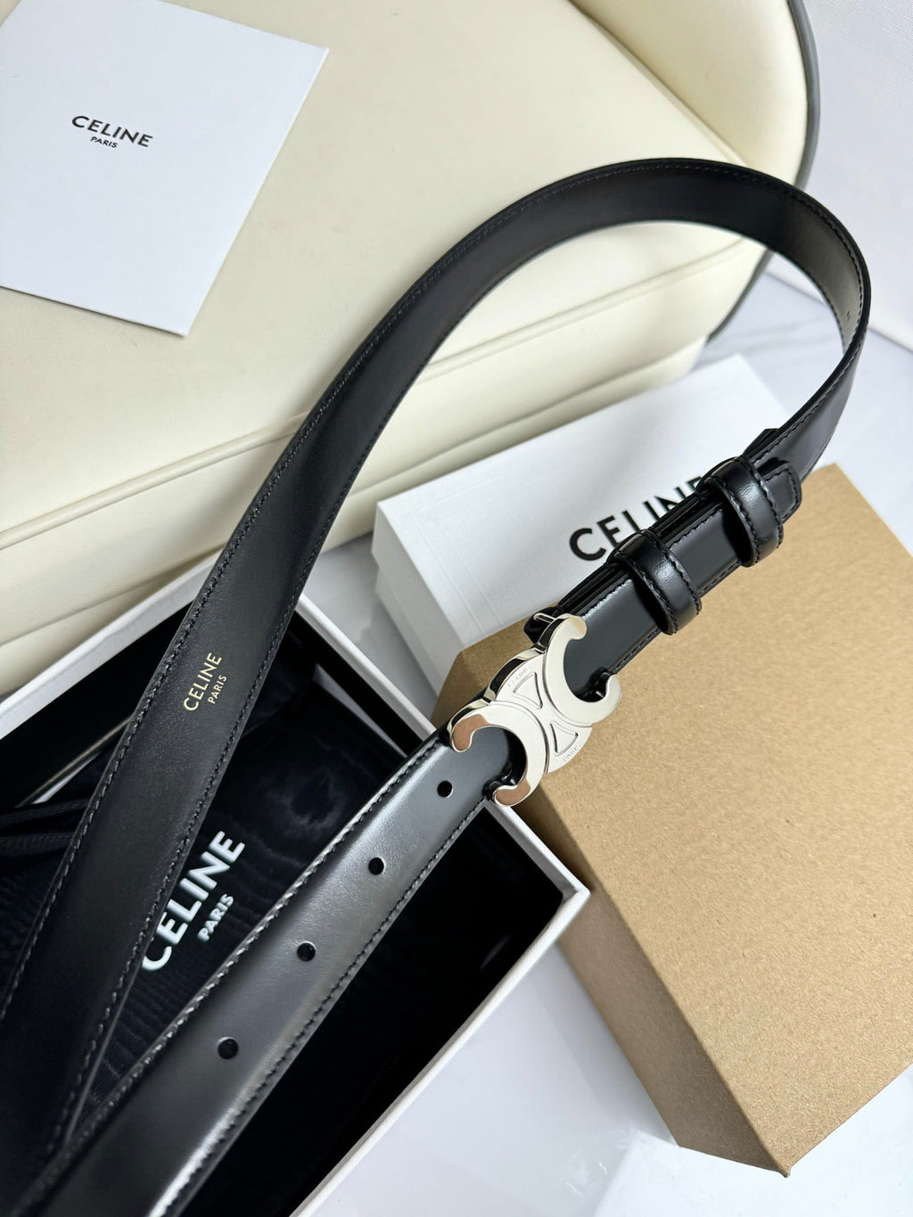 SMALL TRIOMPHE BELT 18 MM BLACK LEATHER SILVER HARDWARE