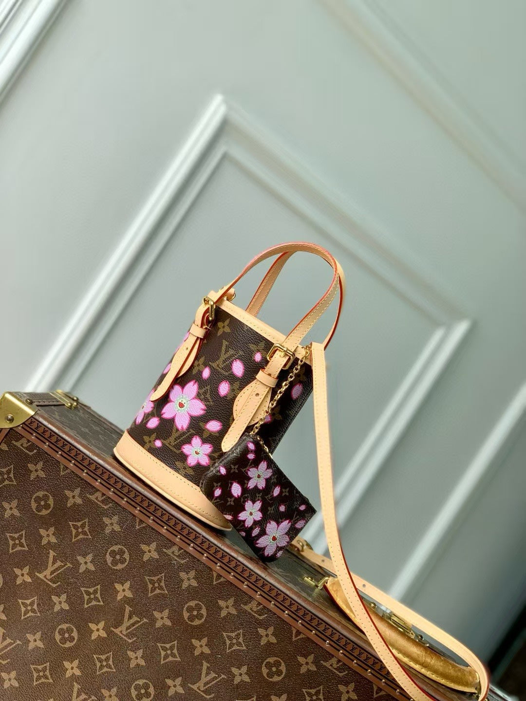 NANO BUCKET CHERRY BLOSSOM IN SAKURA BROWN MONOGRAM COATED CANVAS