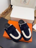 HM 25S MULE IN DARK SLATE BLUE SUEDE MIX WHITE SHEARLING