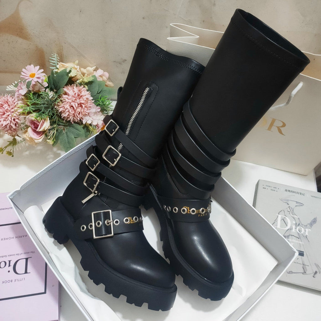 CD ZIPPER BUCKLE BOOTS IN BLACK CALFSKIN