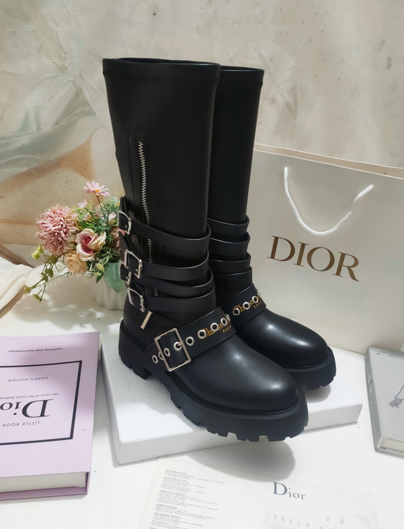 CD ZIPPER BUCKLE BOOTS IN BLACK CALFSKIN
