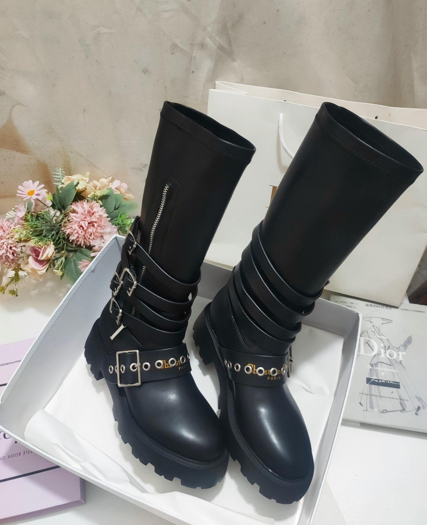 CD ZIPPER BUCKLE BOOTS IN BLACK CALFSKIN