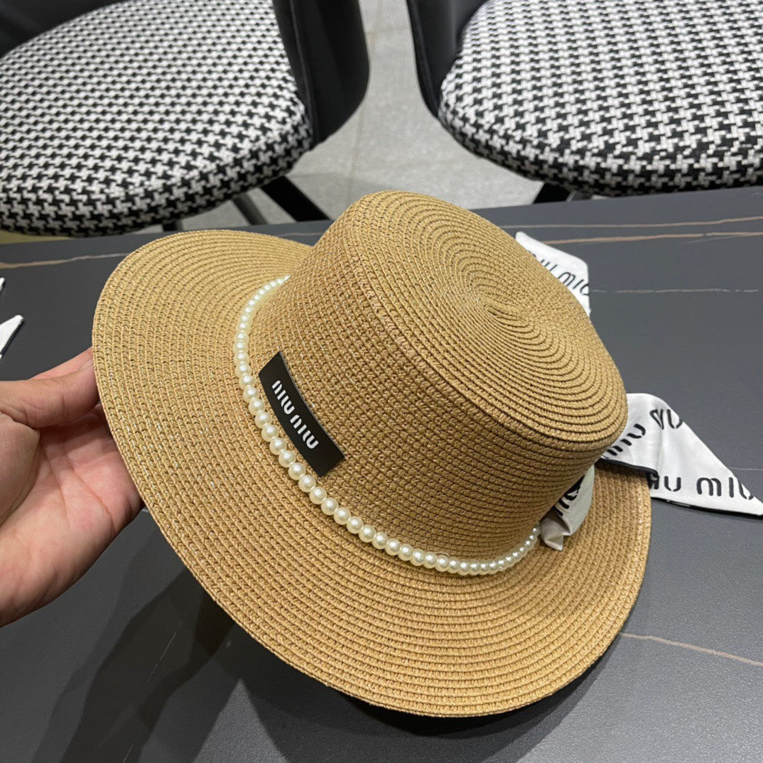 MM SMALL-BRIM STRAW HAT IN BEIGE AND PEARL EMBELLISHED