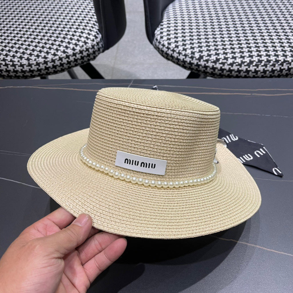 MM SMALL-BRIM STRAW HAT IN LIGHT BEIGE AND PEARL EMBELLISHED