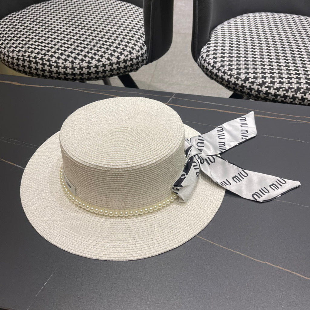MM SMALL-BRIM STRAW HAT IN CREAM WHITE AND PEARL EMBELLISHED
