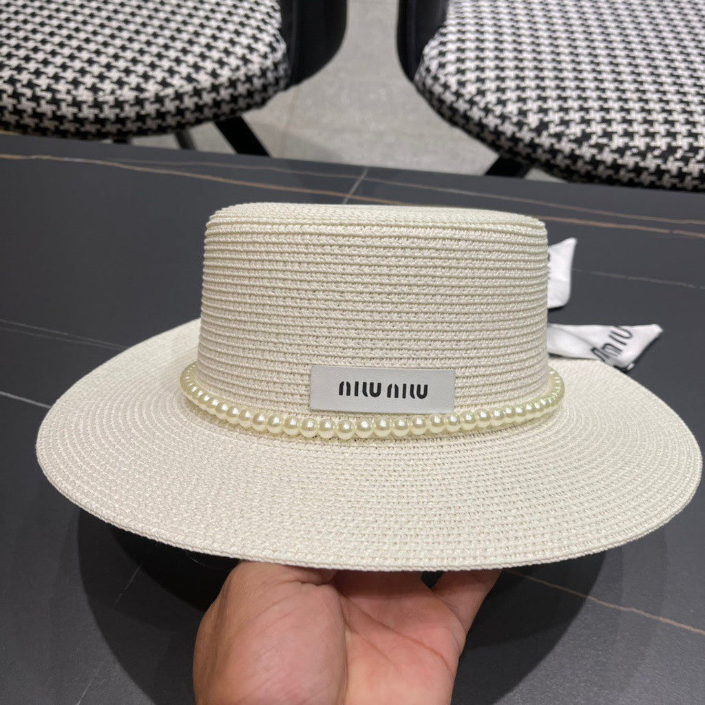MM SMALL-BRIM STRAW HAT IN CREAM WHITE AND PEARL EMBELLISHED