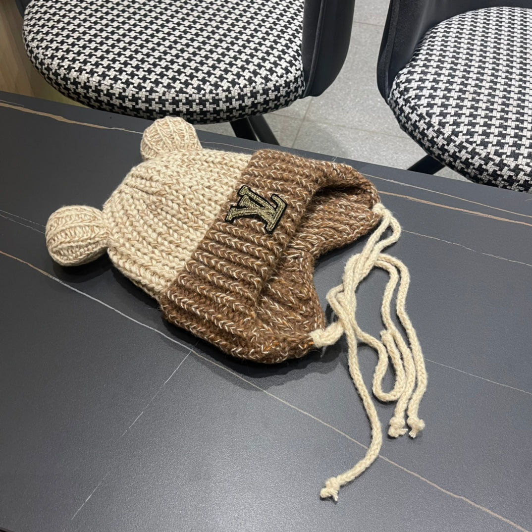 KNITTED BEANIE HAT WITH CUTE EARS IN BEIGE MIX BROWN WOOL 403482