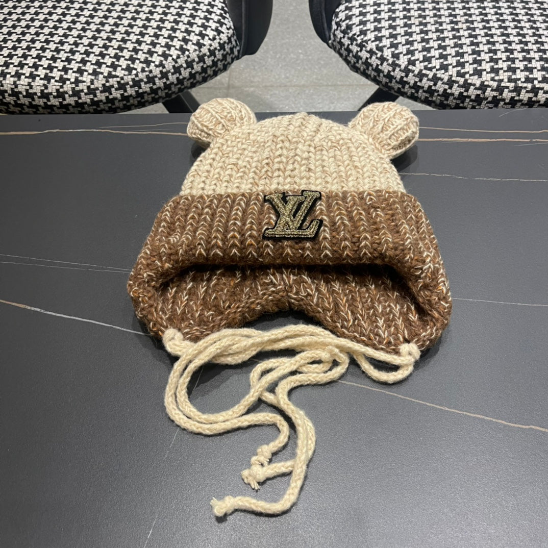 KNITTED BEANIE HAT WITH CUTE EARS IN BEIGE MIX BROWN WOOL 403482