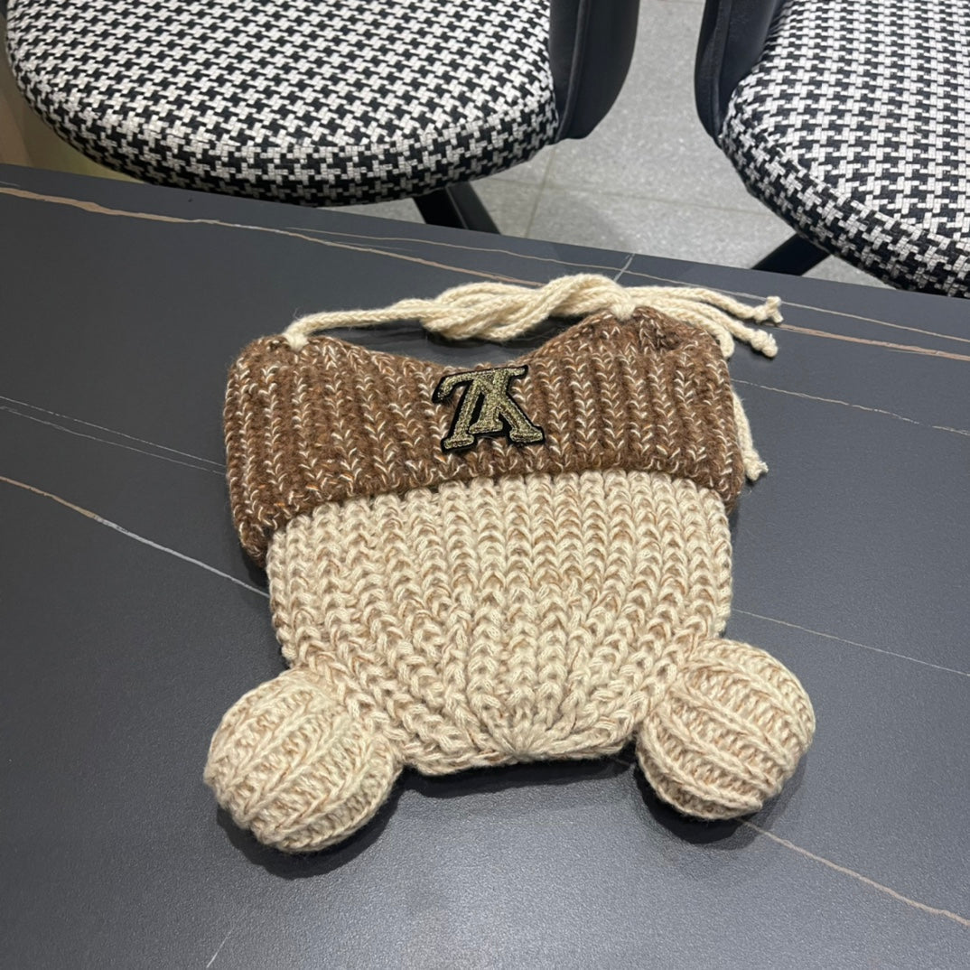 KNITTED BEANIE HAT WITH CUTE EARS IN BEIGE MIX BROWN WOOL 403482