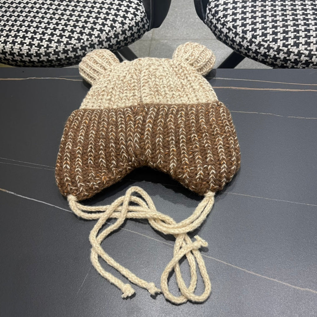 KNITTED BEANIE HAT WITH CUTE EARS IN BEIGE MIX BROWN WOOL 403482
