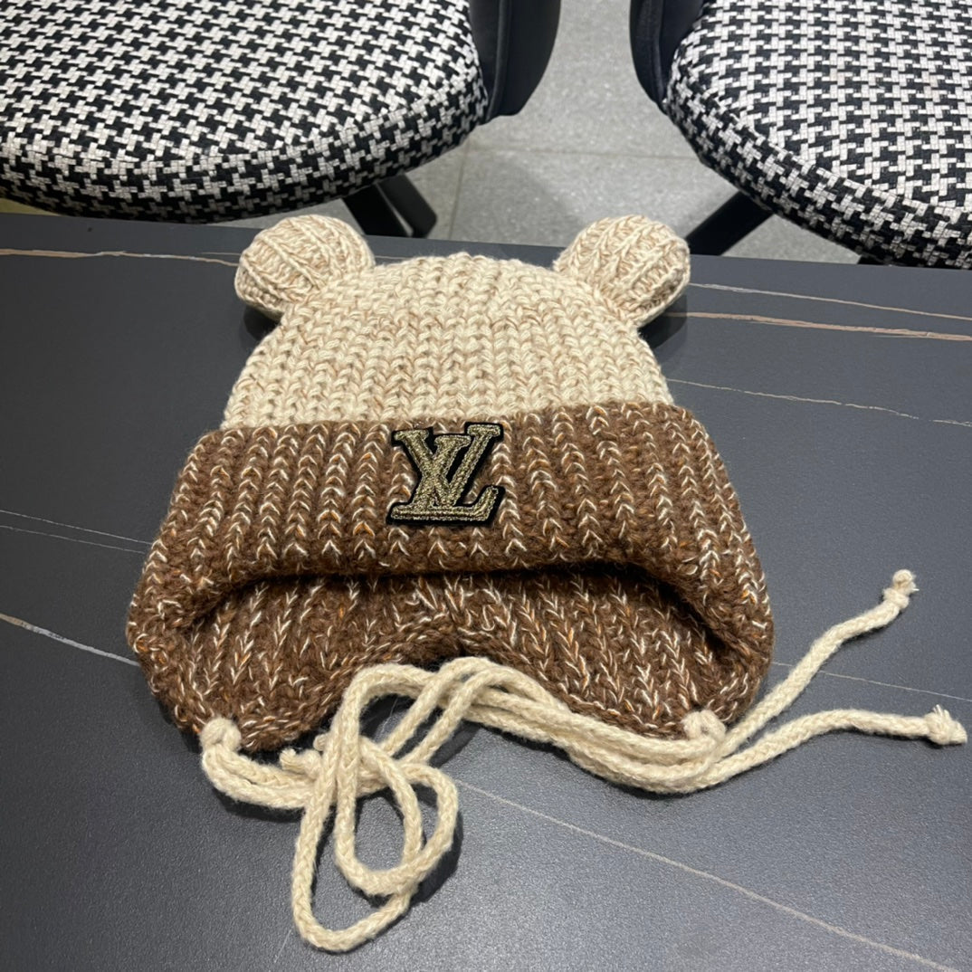 KNITTED BEANIE HAT WITH CUTE EARS IN BEIGE MIX BROWN WOOL 403482