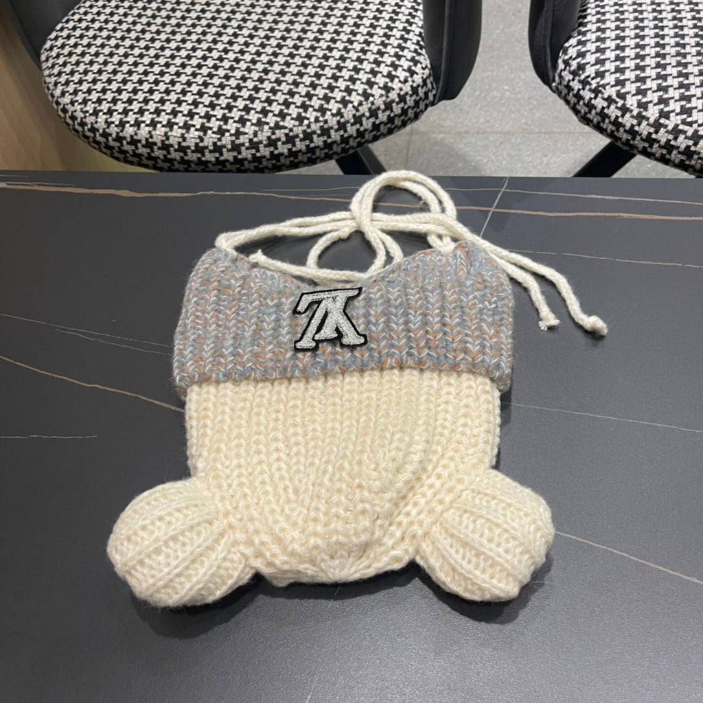 KNITTED BEANIE HAT WITH CUTE EARS IN WHITE MIX GRAY WOOL 403484