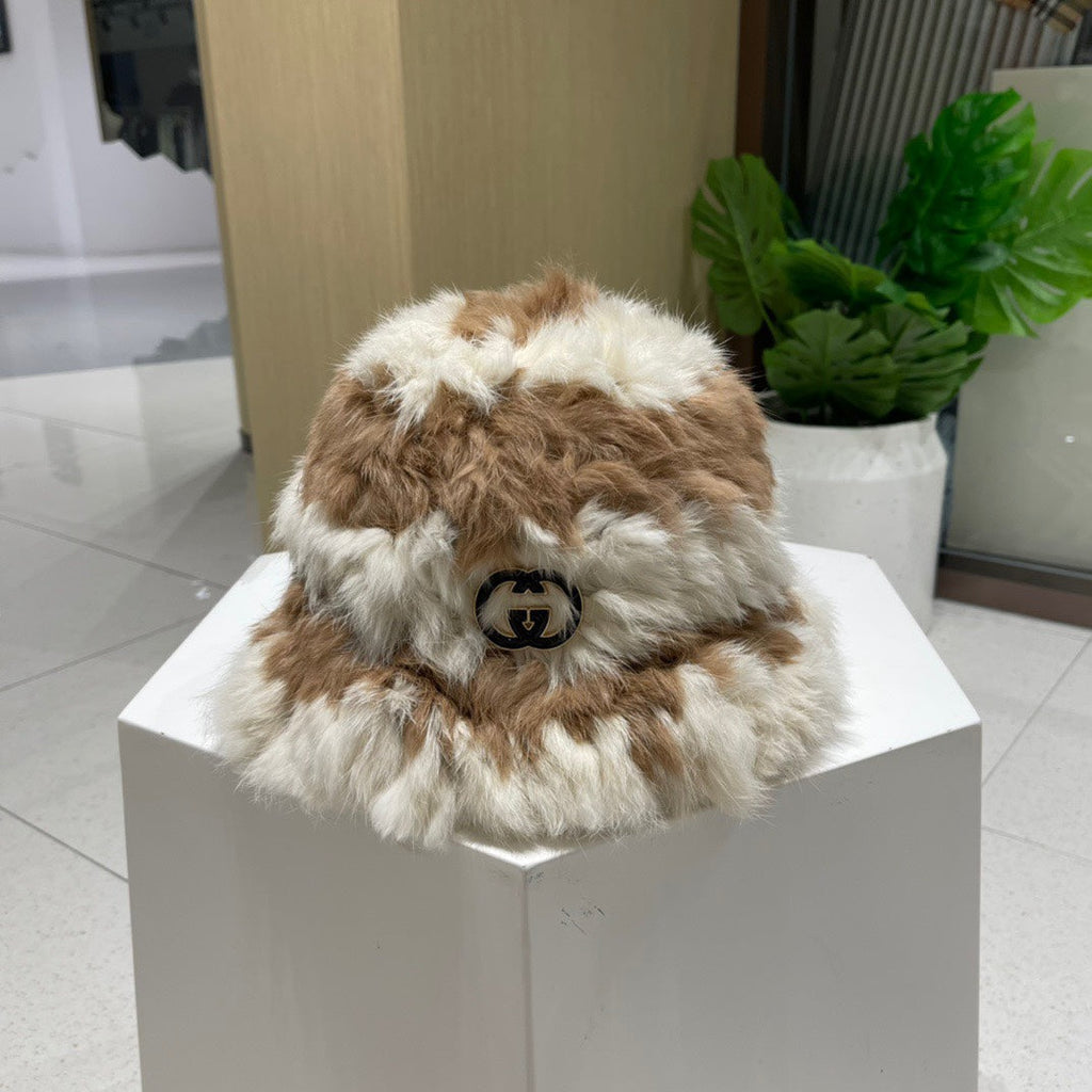 BUCKET HAT IN MEDIUM BROWN MIX WHITE RABBIT FUR 404638