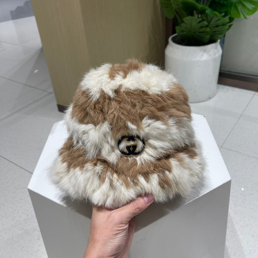 BUCKET HAT IN MEDIUM BROWN MIX WHITE RABBIT FUR 404638