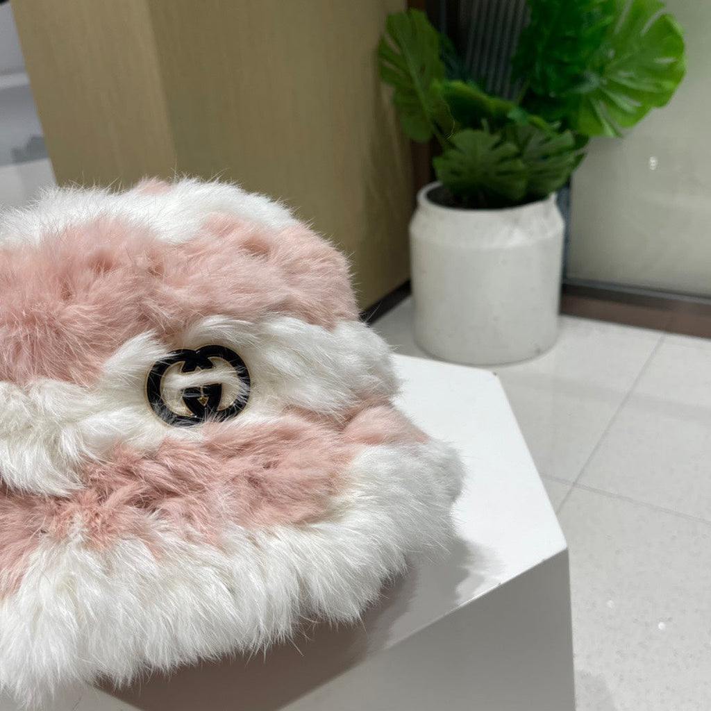 BUCKET HAT IN LIGHT PINK MIX WHITE RABBIT FUR 404639