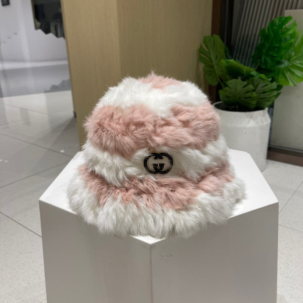 BUCKET HAT IN LIGHT PINK MIX WHITE RABBIT FUR 404639