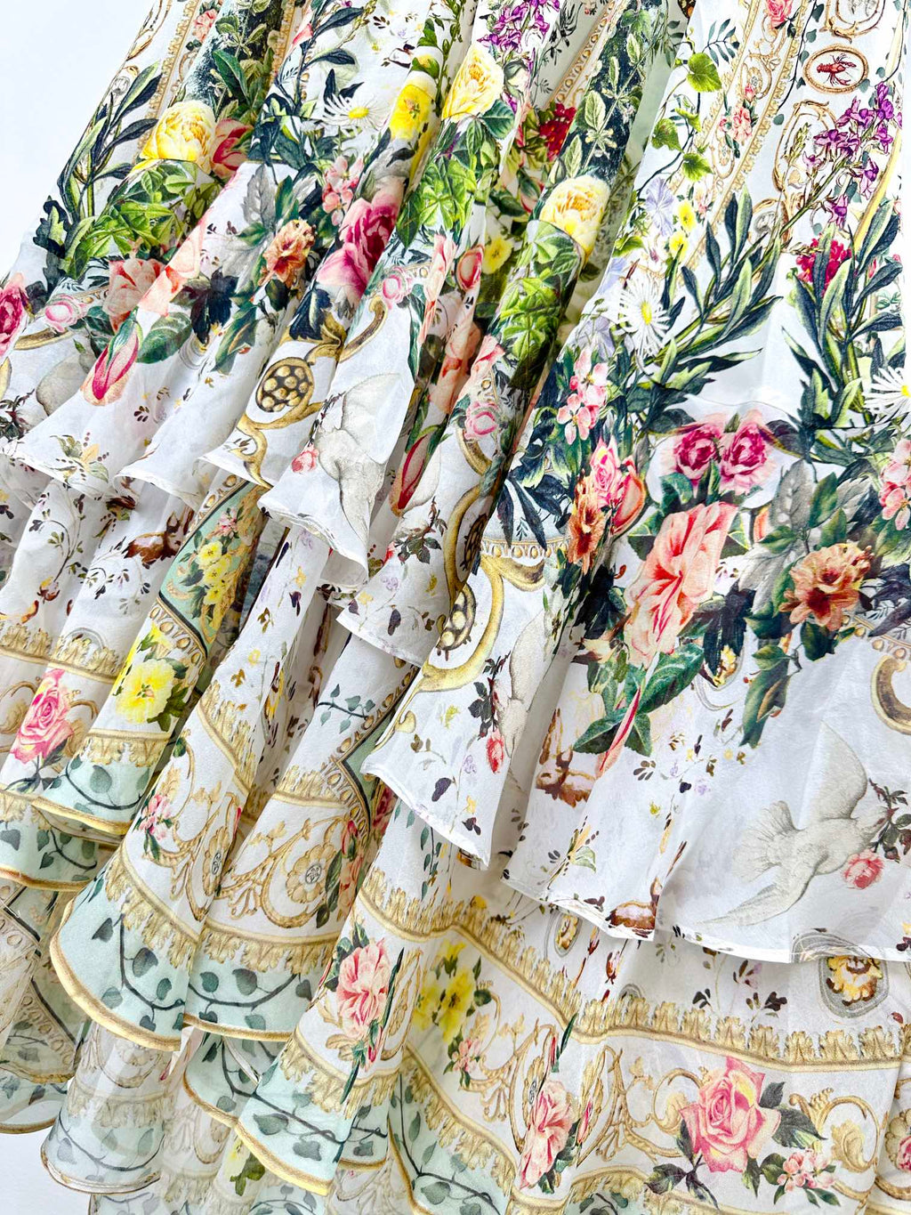 V-NECK LAYERED SILK PRINT MAXI DRESS