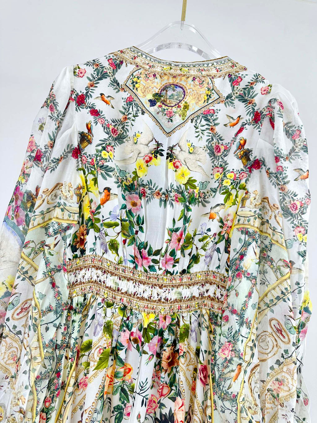 V-NECK LAYERED SILK PRINT MAXI DRESS