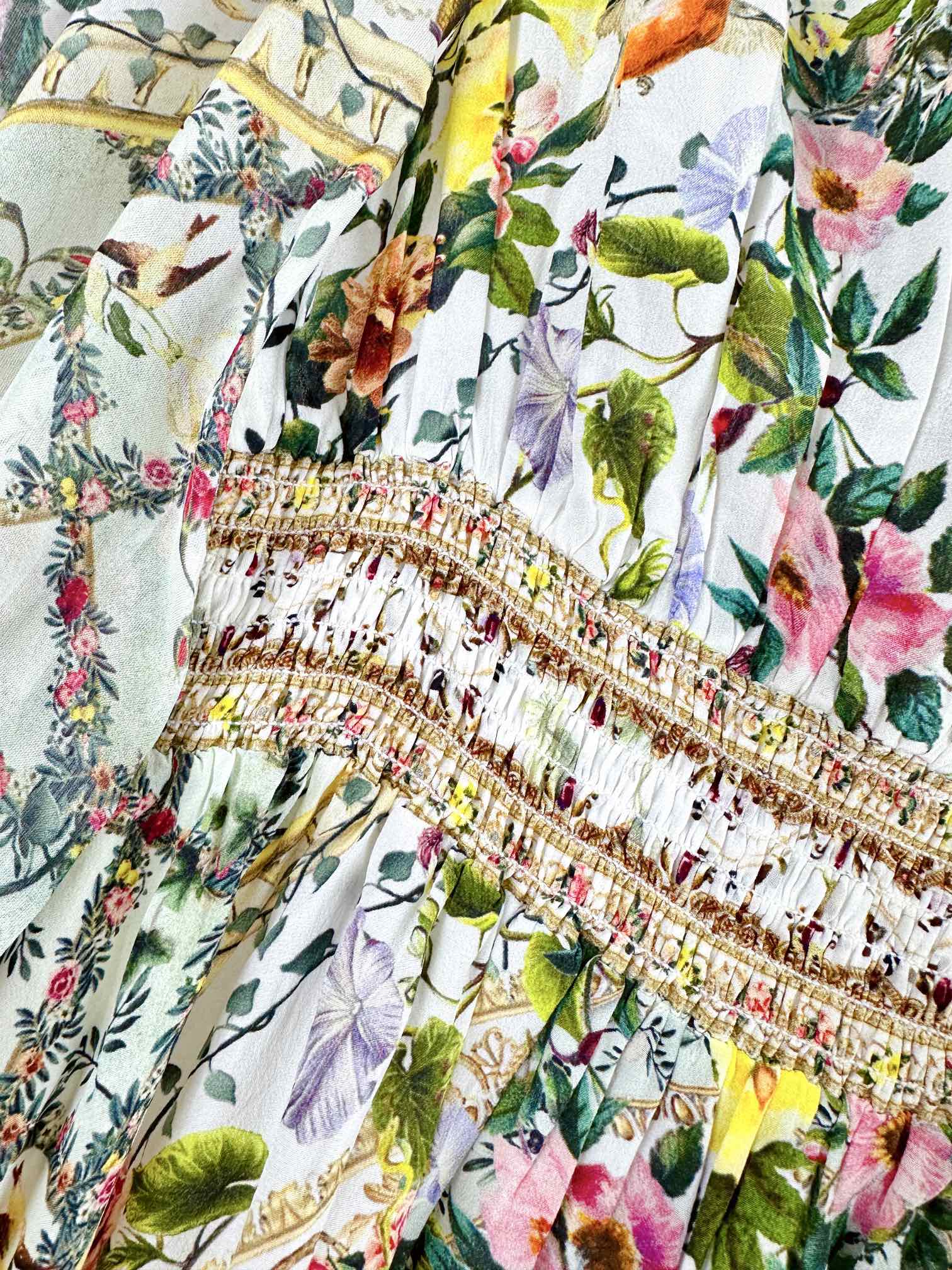 V-NECK LAYERED SILK PRINT MAXI DRESS