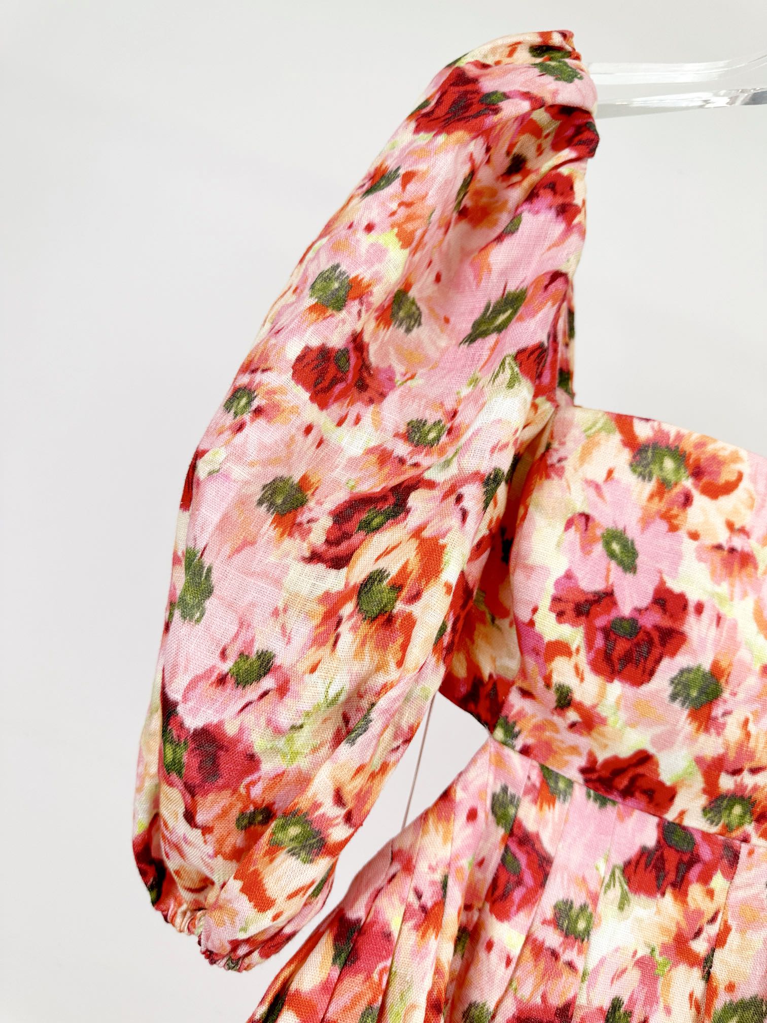 PUFF SLEEVE MINI DRESS 25S RED IN LINEN 266363