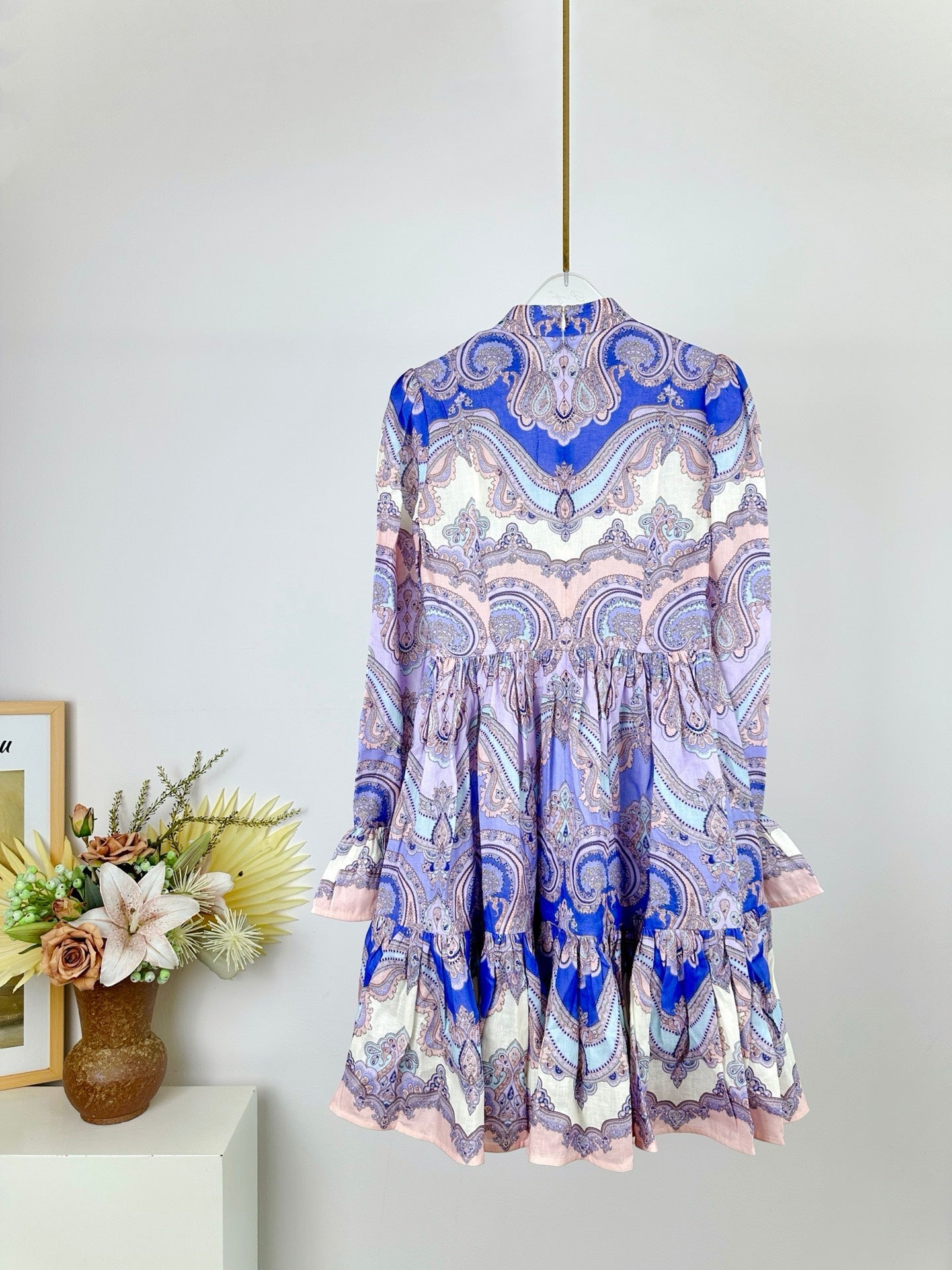 HIGH-NECK LONG-SLEEVE PRINTED DRESS IN PURPLE AND YELLOW