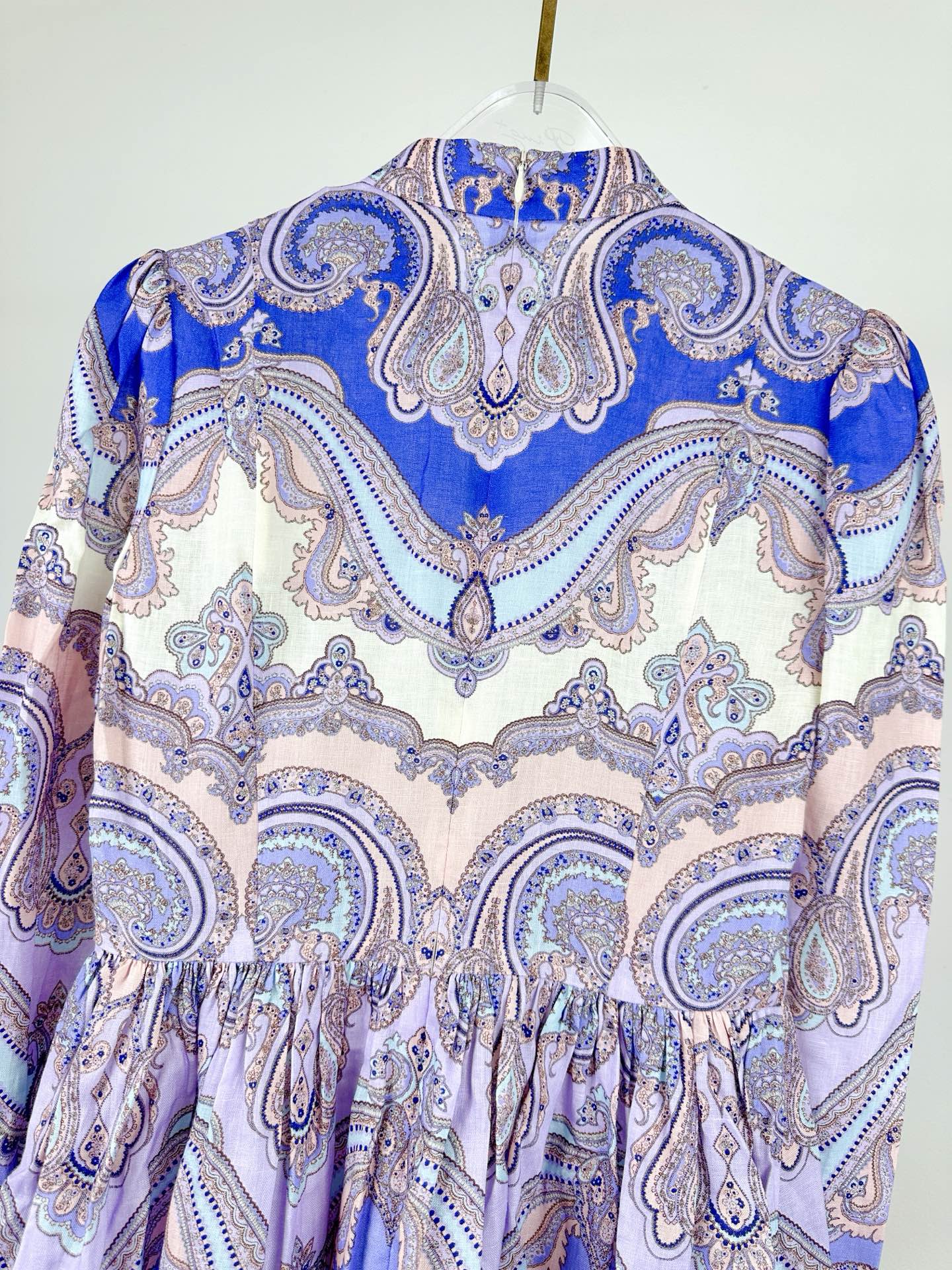 HIGH-NECK LONG-SLEEVE PRINTED DRESS IN PURPLE AND YELLOW