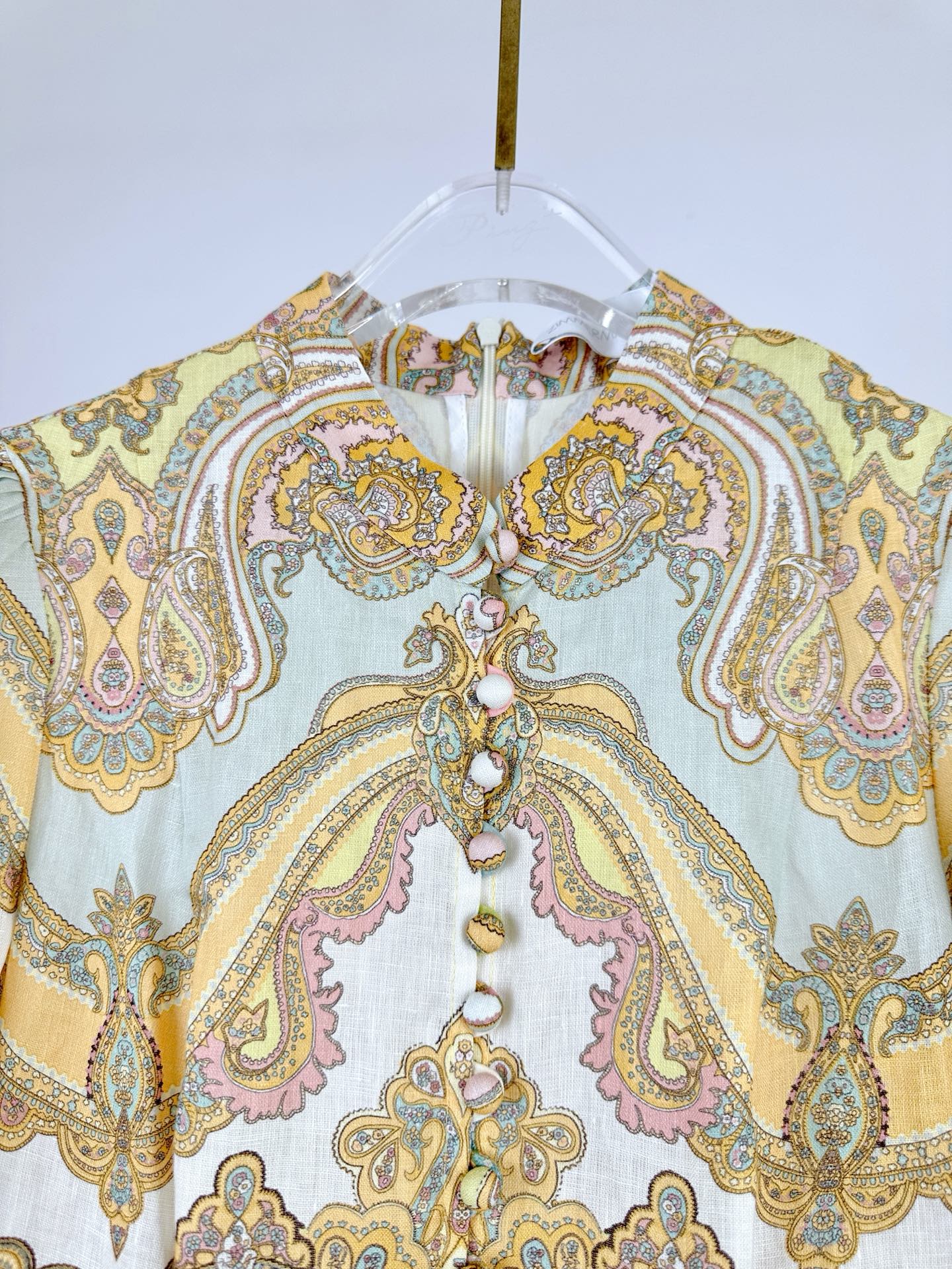 HIGH-NECK LONG-SLEEVE PRINTED DRESS IN PURPLE AND YELLOW