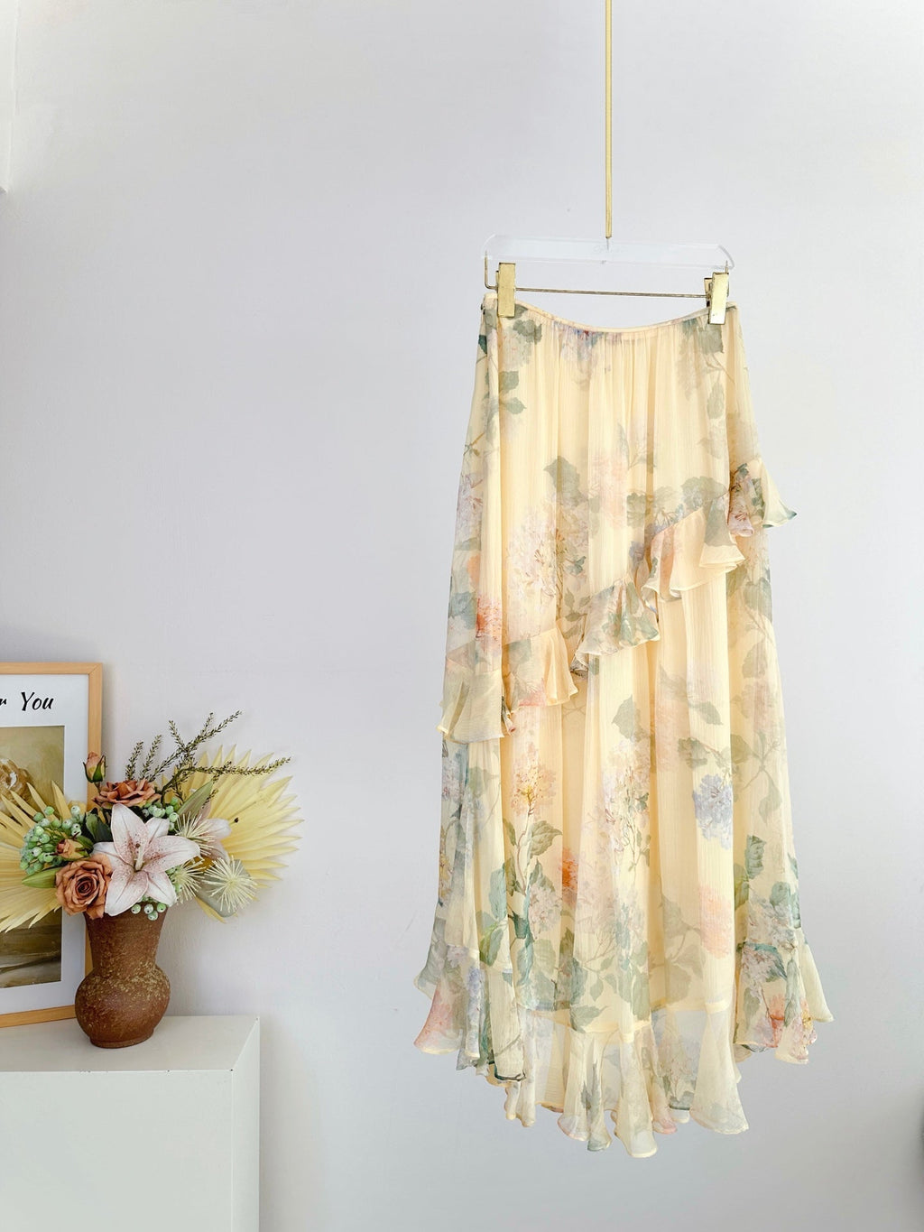 RUFFLED CHIFFON SKIRT IN WARM BEGIE