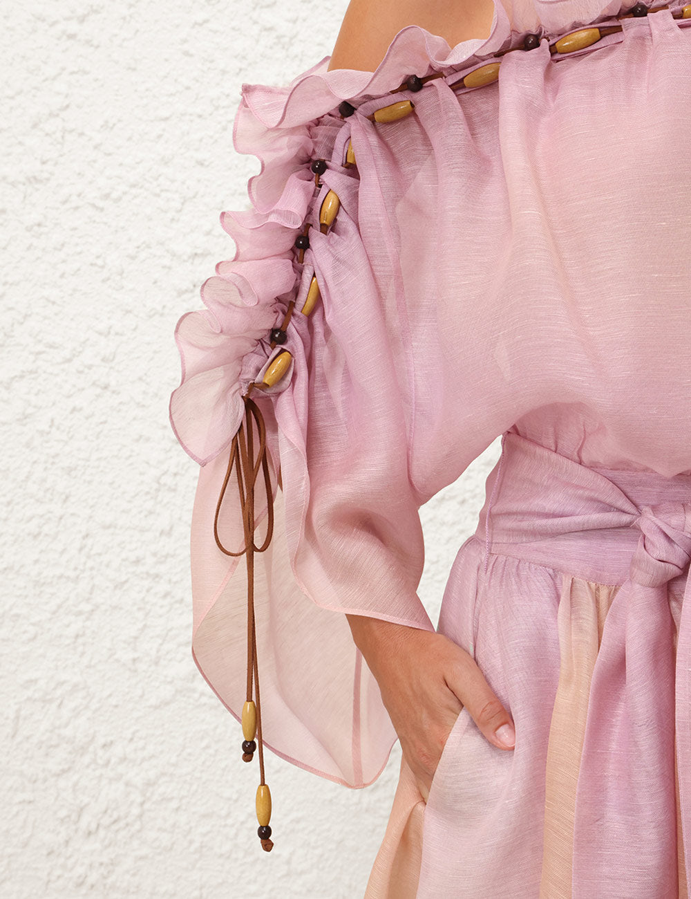 ZIMMER SILK MIDI DRESS IN PASTEL BLUE-GREEN AND LIGHT PURPLE