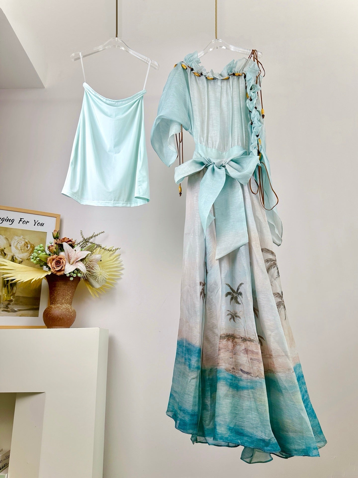 ZIMMER SILK MIDI DRESS IN PASTEL BLUE-GREEN AND LIGHT PURPLE