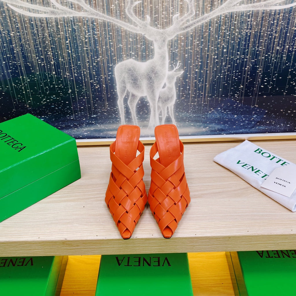 ALFIE LEATHER HIGH MULES IN VIVID ORANGE CALFSKIN WITH WOVEN DESIGN