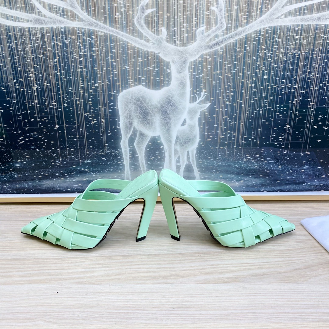 ALFIE LEATHER HIGH MULES IN GREEN MINT CALFSKIN WITH WOVEN DESIGN