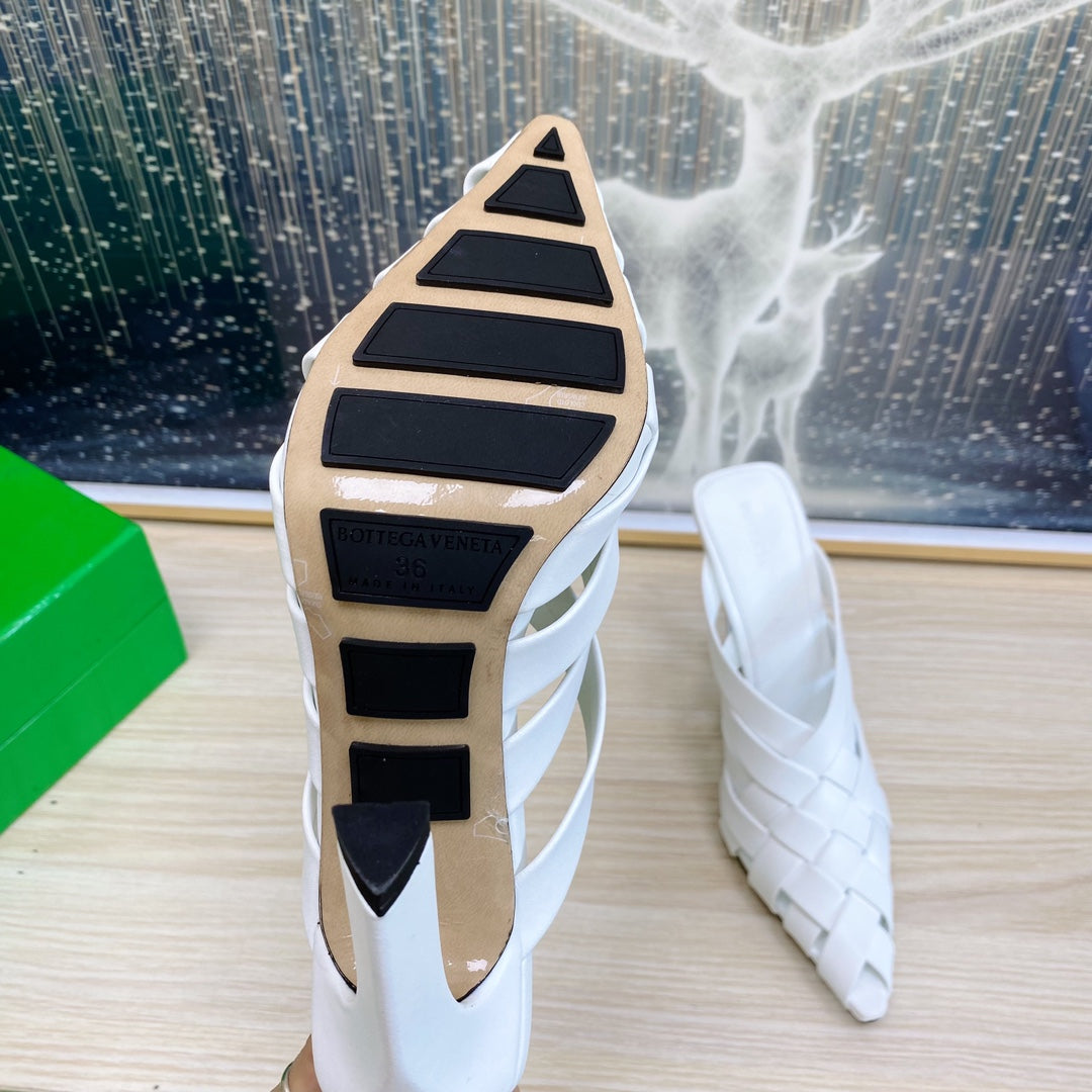 ALFIE LEATHER HIGH MULES IN WHITE CALFSKIN WITH WOVEN DESIGN