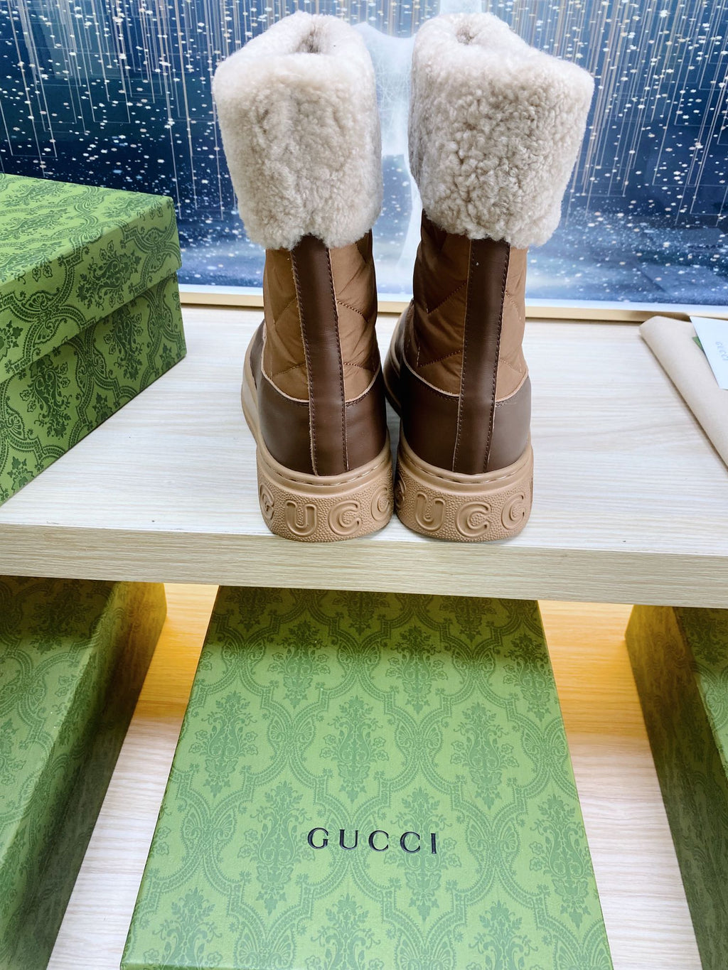 HORSEBIT ANKLE BOOTS WITH MERINO TRIM IN BROWN NYLON MIX CALFSKIN