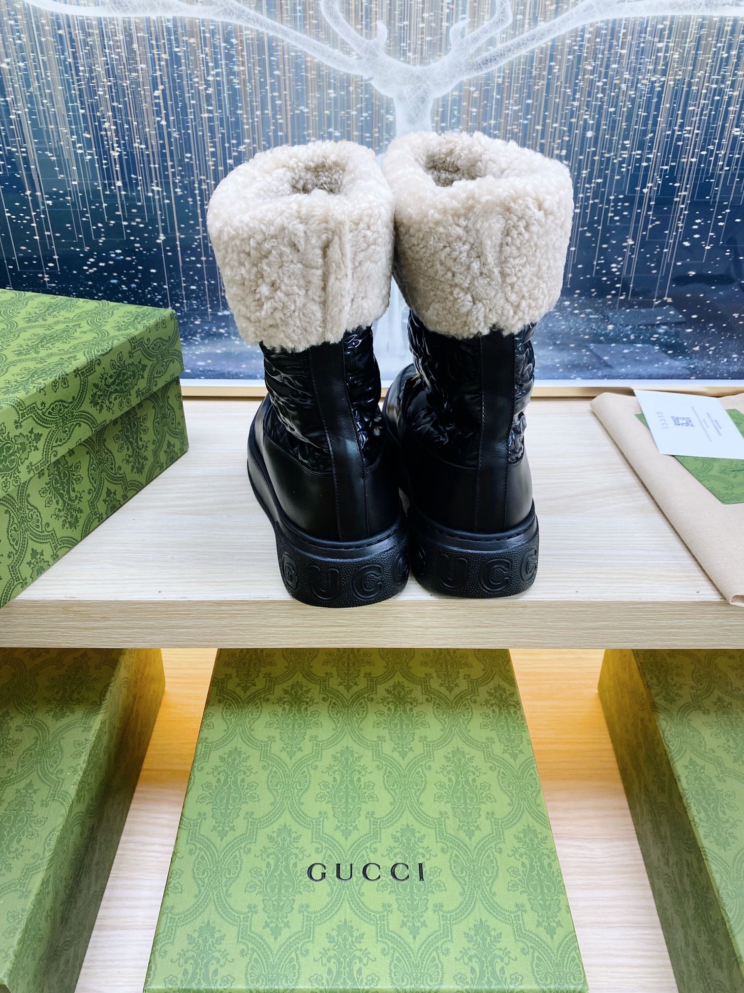 HORSEBIT ANKLE BOOTS WITH MERINO TRIM IN BLACK EMBOSSED CALFSKIN