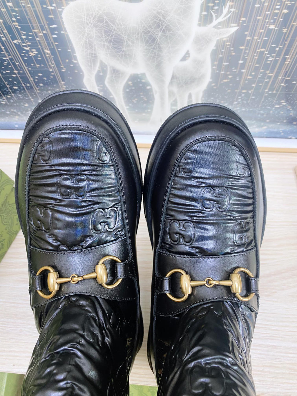 HORSEBIT ANKLE BOOTS WITH MERINO TRIM IN BLACK EMBOSSED CALFSKIN