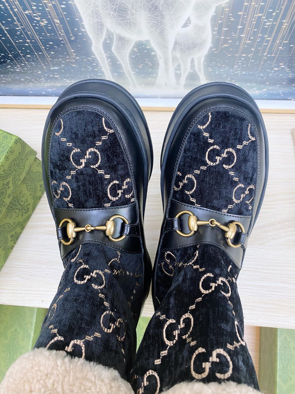 HORSEBIT ANKLE BOOTS WITH MERINO TRIM IN BLACK VELVET AND CALFSKIN