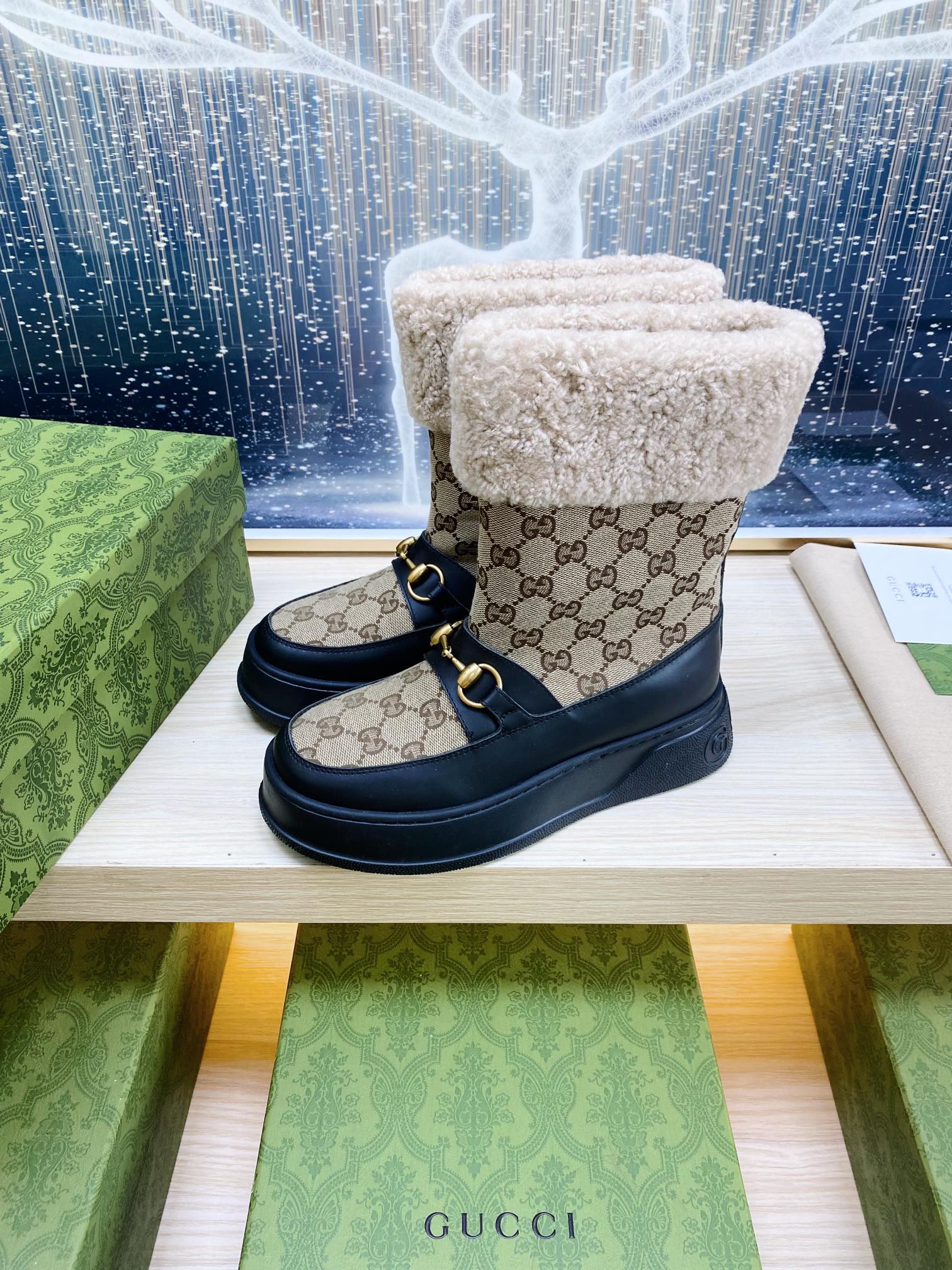 HORSEBIT ANKLE BOOTS WITH MERINO TRIM IN BEIGE JACQUARD FABRIC MIX BLACK CALFSKIN