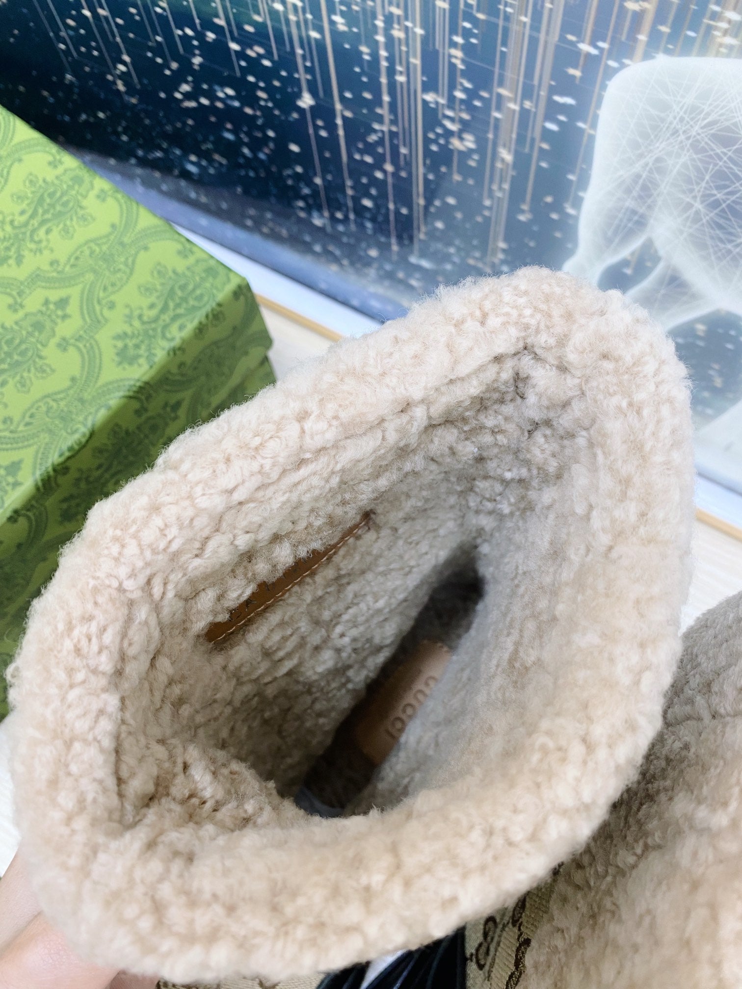 HORSEBIT ANKLE BOOTS WITH MERINO TRIM IN BEIGE JACQUARD FABRIC MIX BLACK CALFSKIN