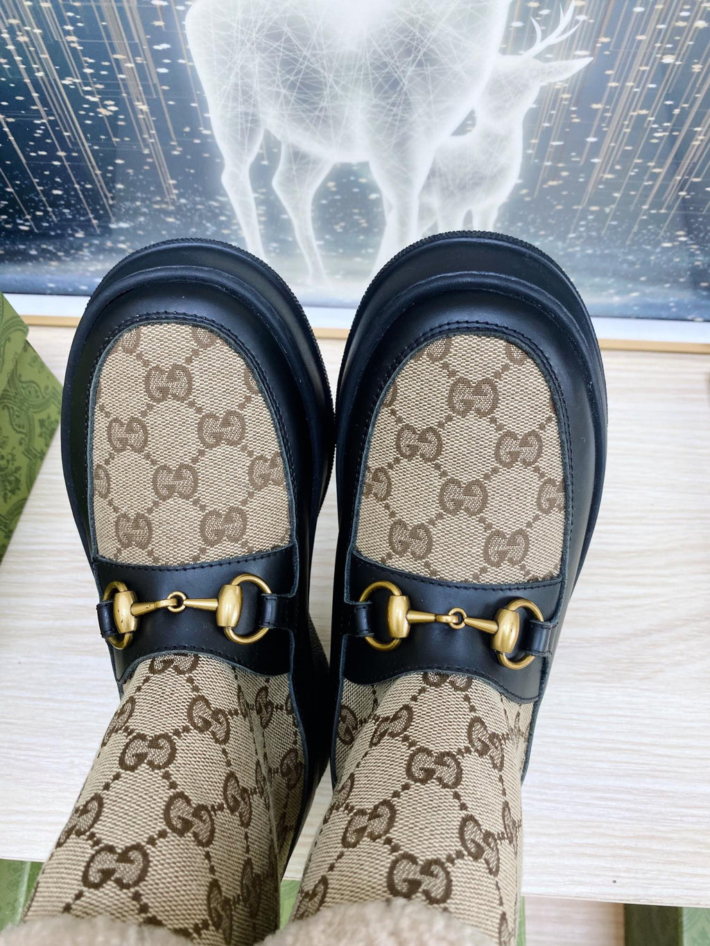 HORSEBIT ANKLE BOOTS WITH MERINO TRIM IN BEIGE JACQUARD FABRIC MIX BLACK CALFSKIN