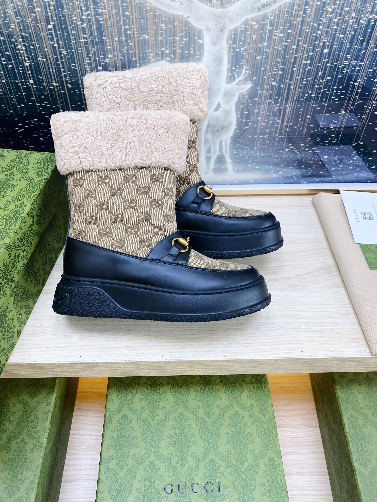 HORSEBIT ANKLE BOOTS WITH MERINO TRIM IN BEIGE JACQUARD FABRIC MIX BLACK CALFSKIN