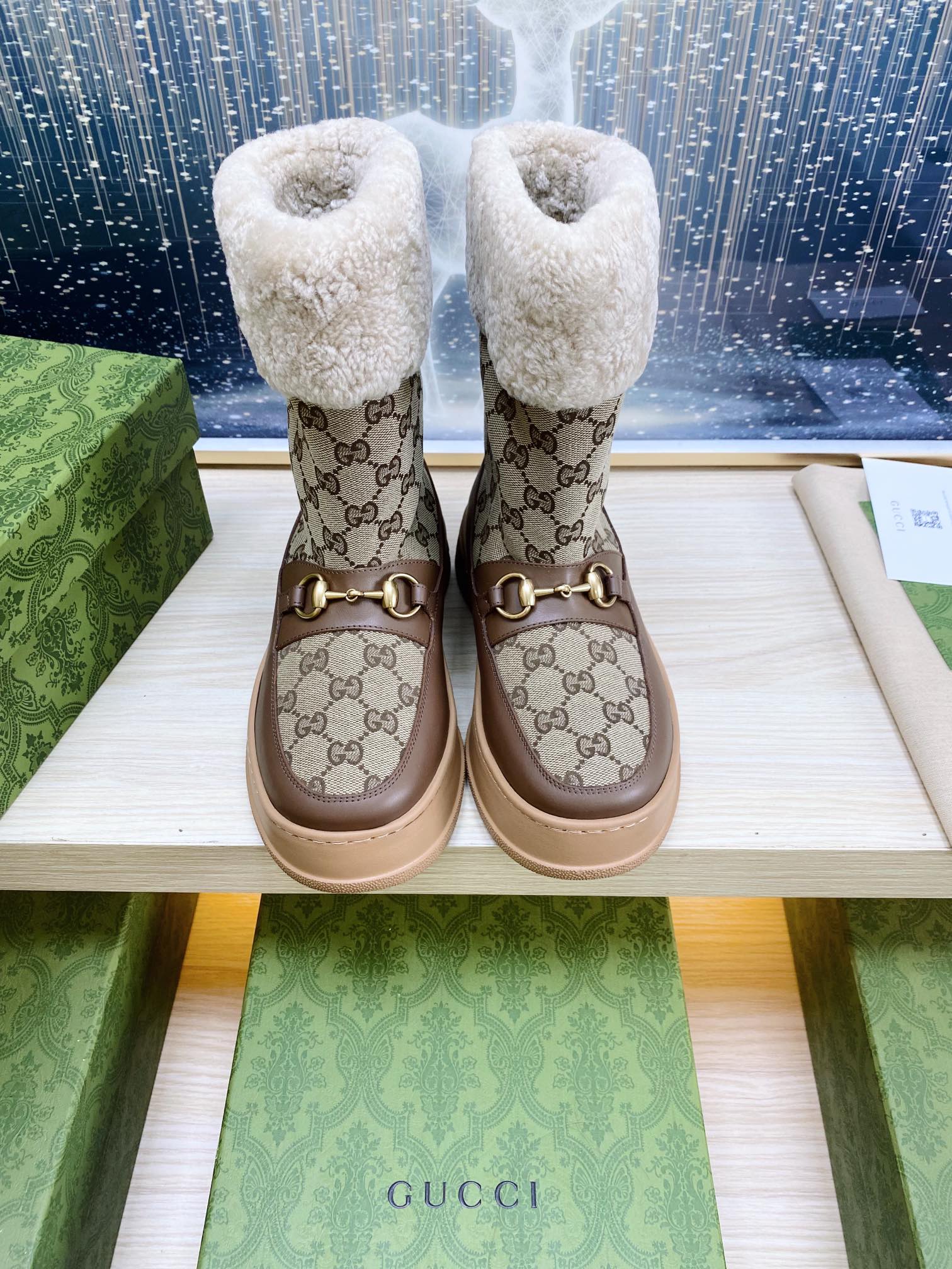 HORSEBIT ANKLE BOOTS WITH MERINO TRIM IN BEIGE JACQUARD FABRIC MIX BROWN CALFSKIN