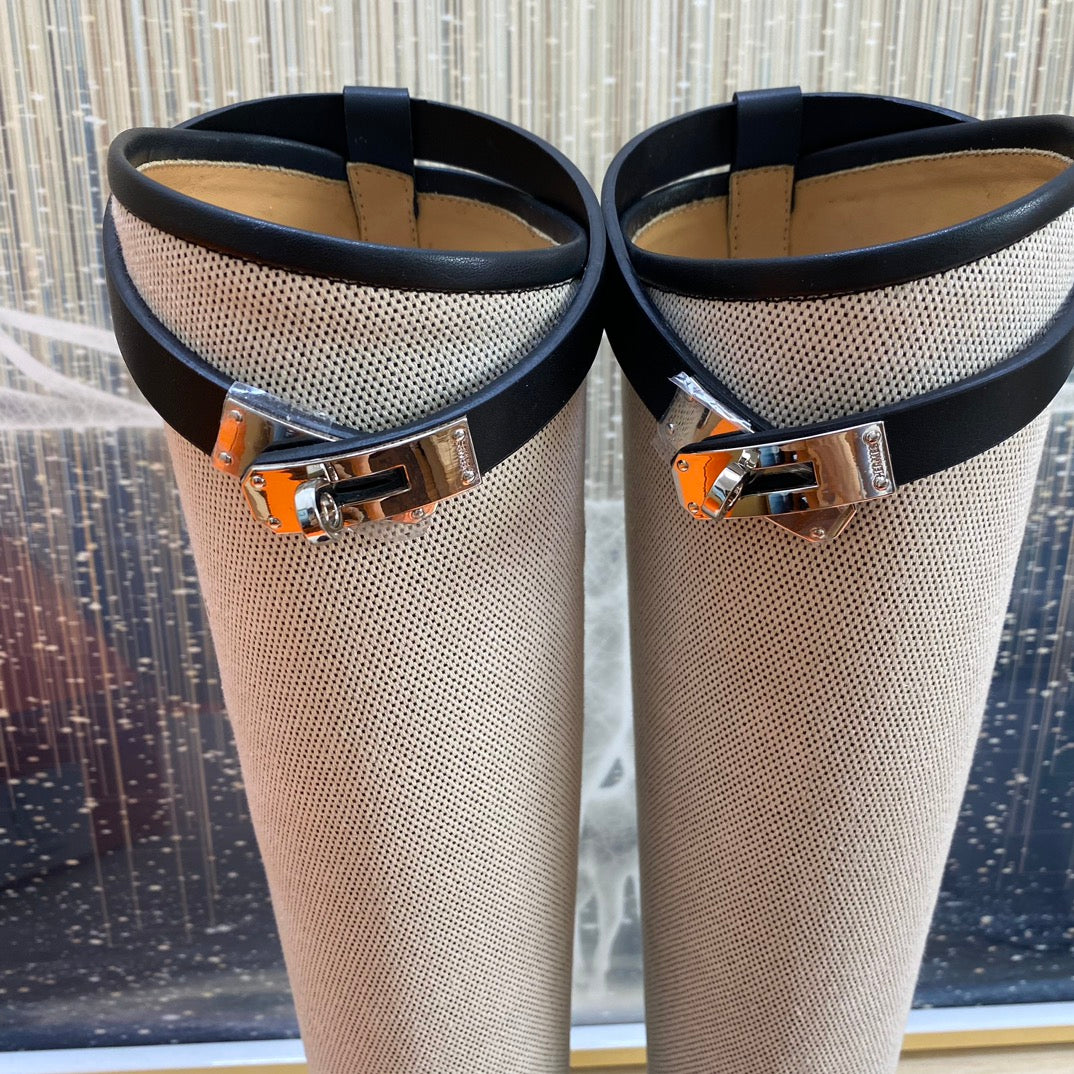 KNEE HIGH BOOTS IN BLACK CALFSKIN AND WHITE FABRIC