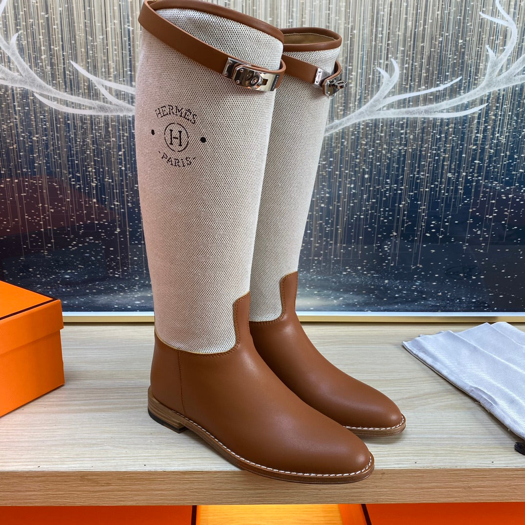 KNEE HIGH BOOTS IN BRONZE BROWN CALFSKIN AND WHITE FABRIC