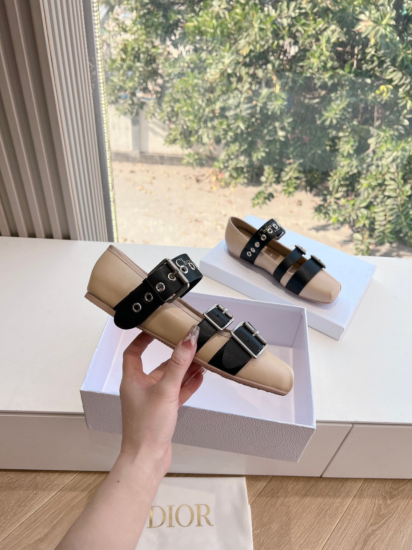 PUNK BALLET FLAT IN CAMEL BEIGE MIX BLACK SUPPLE CALFSKIN