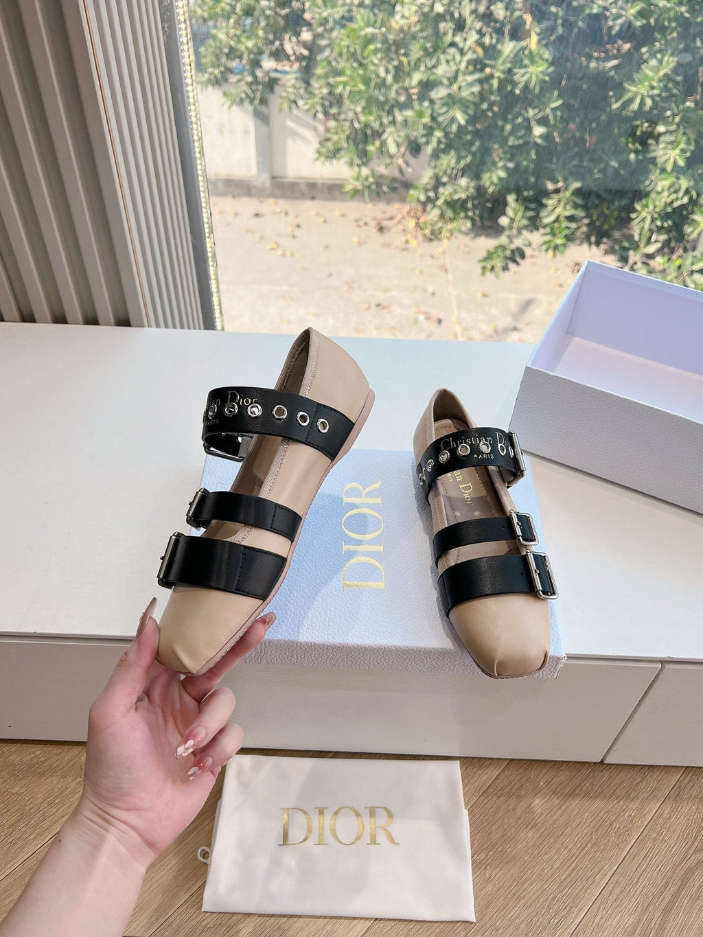 PUNK BALLET FLAT IN CAMEL BEIGE MIX BLACK SUPPLE CALFSKIN