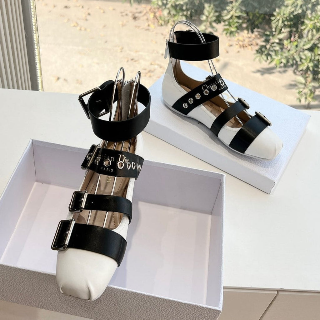 PUNK BALLET FLAT IN WHITE MIX BLACK CALFSKIN