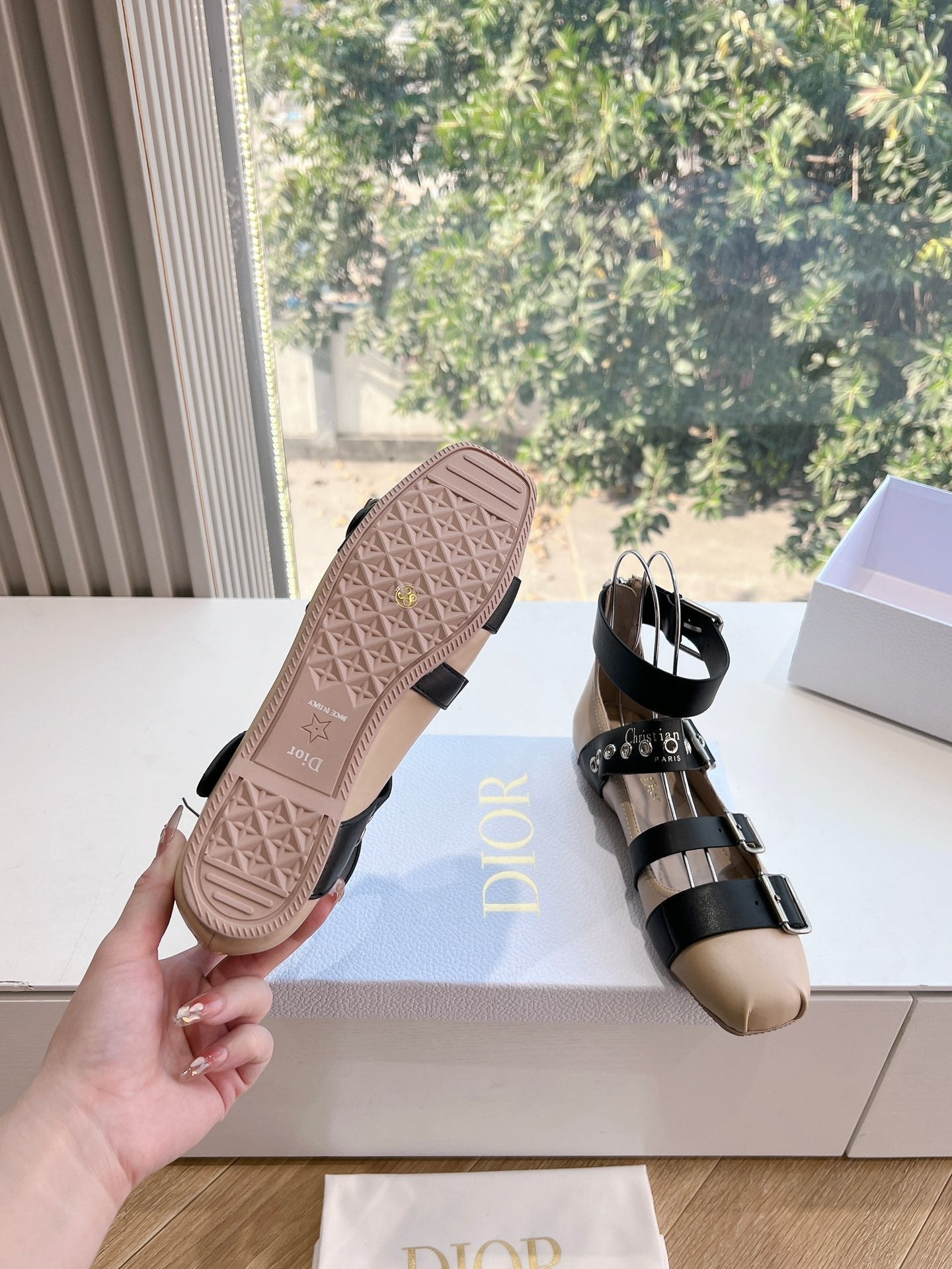 PUNK BALLET FLAT IN BLACK MIX CAMEL BEIGE CALFSKIN