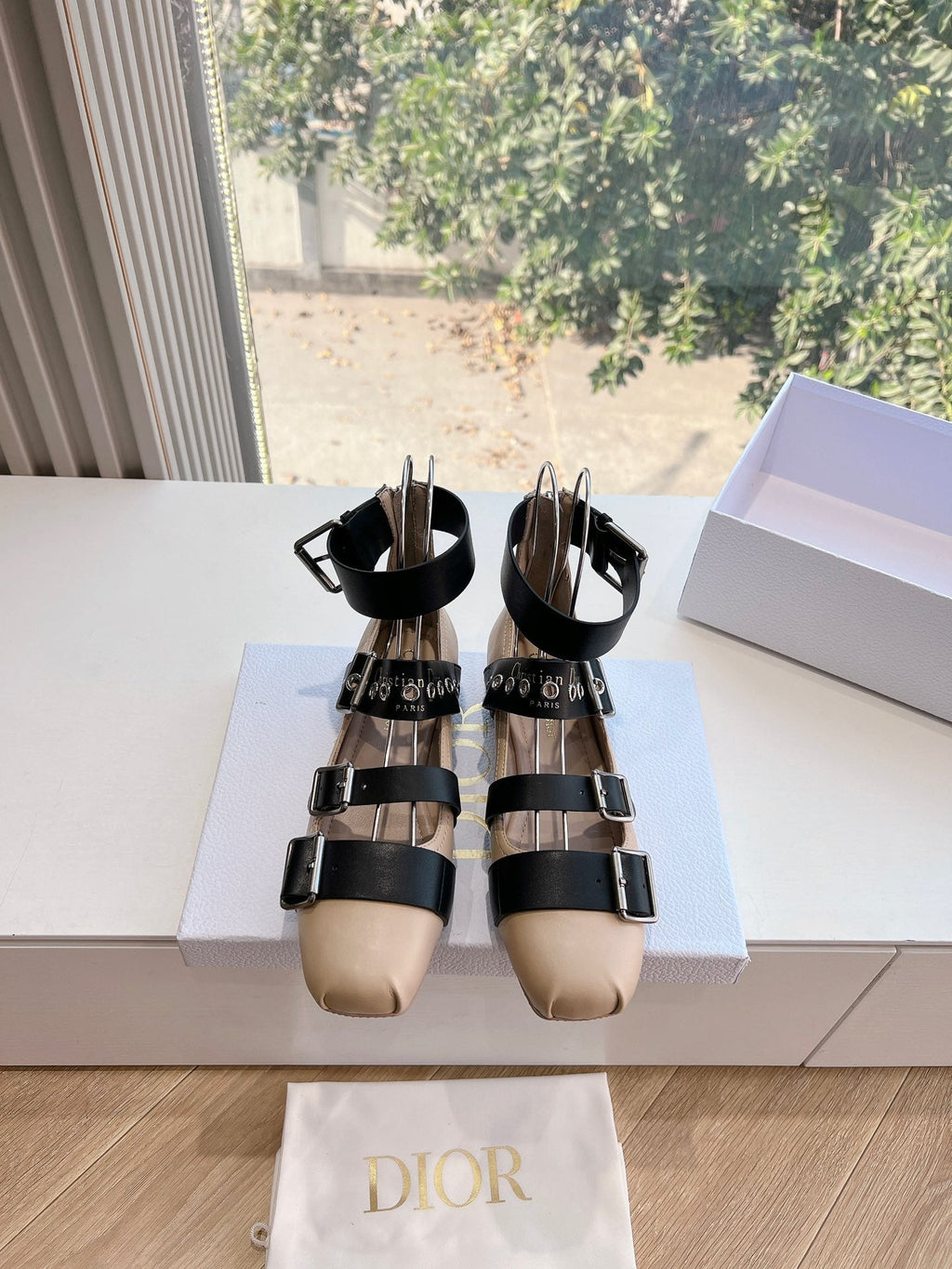 PUNK BALLET FLAT IN BLACK MIX CAMEL BEIGE CALFSKIN