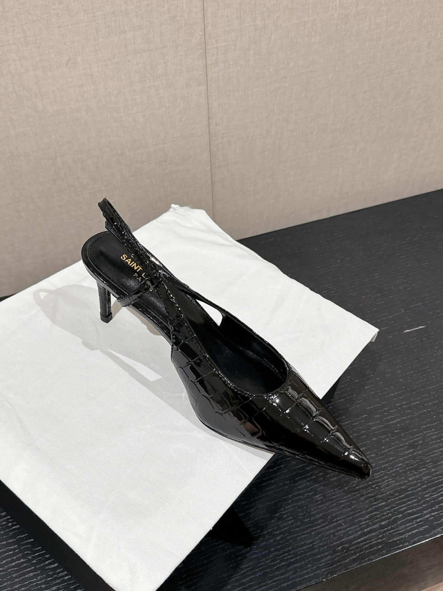 SL CHERISH CROCODILE SLINGBACK PUMP 75 BLACK CALFSKIN
